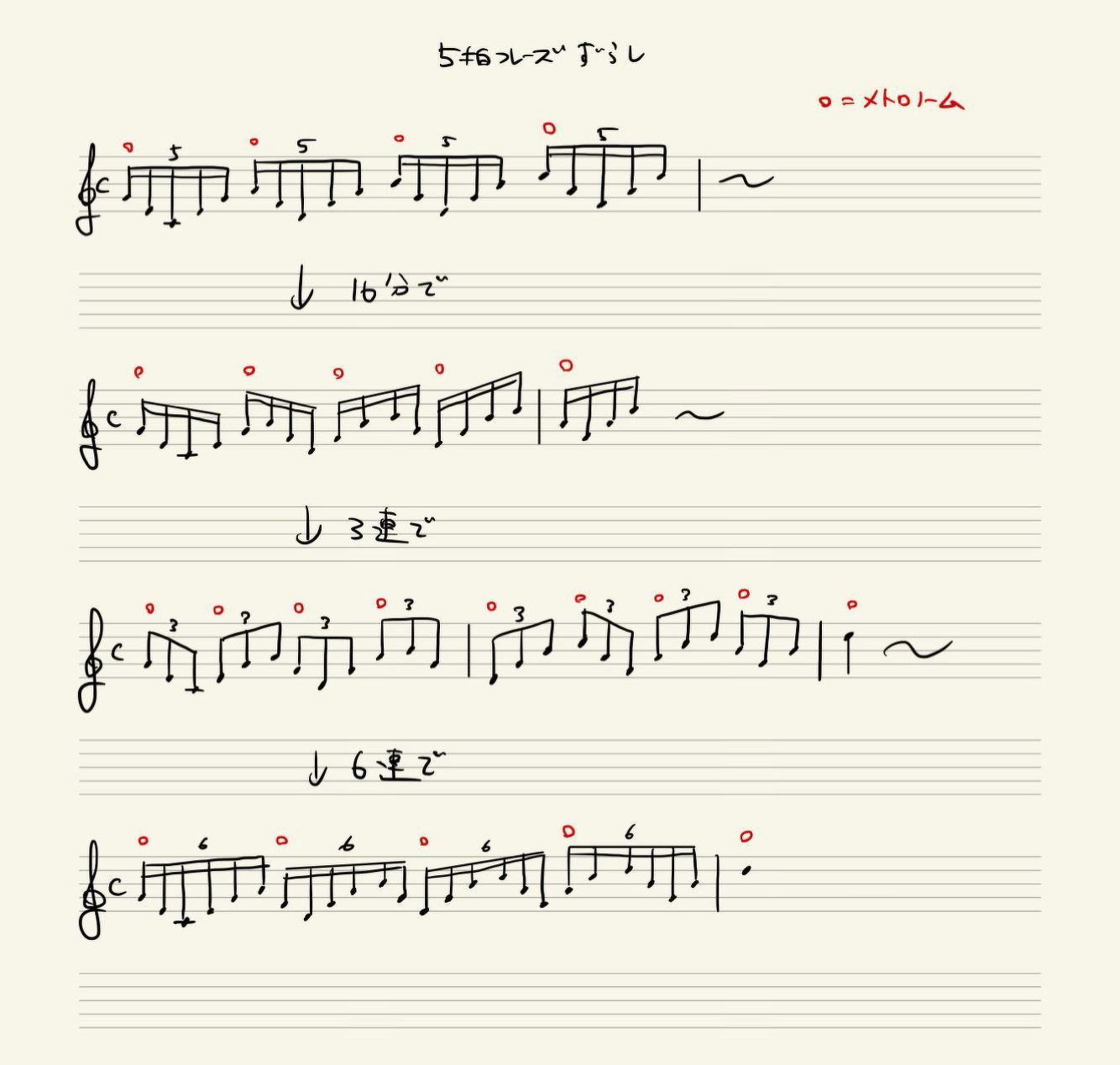 5拍フレーズずらし（成瀬さんに譜面を用意していただきました） PDFは以下（↓）よりダウンロードできます。